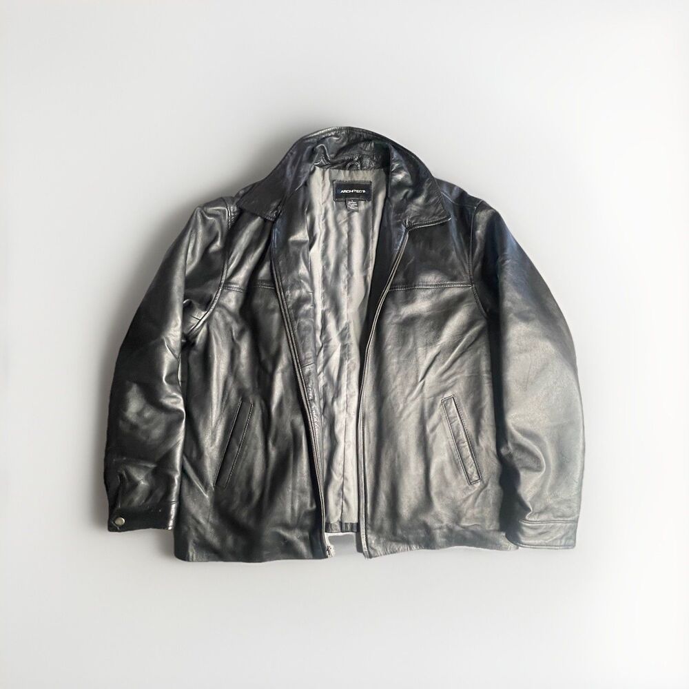 Architect Black Leather Mid-Length Zip Jacket Men's Size L Casual Wear